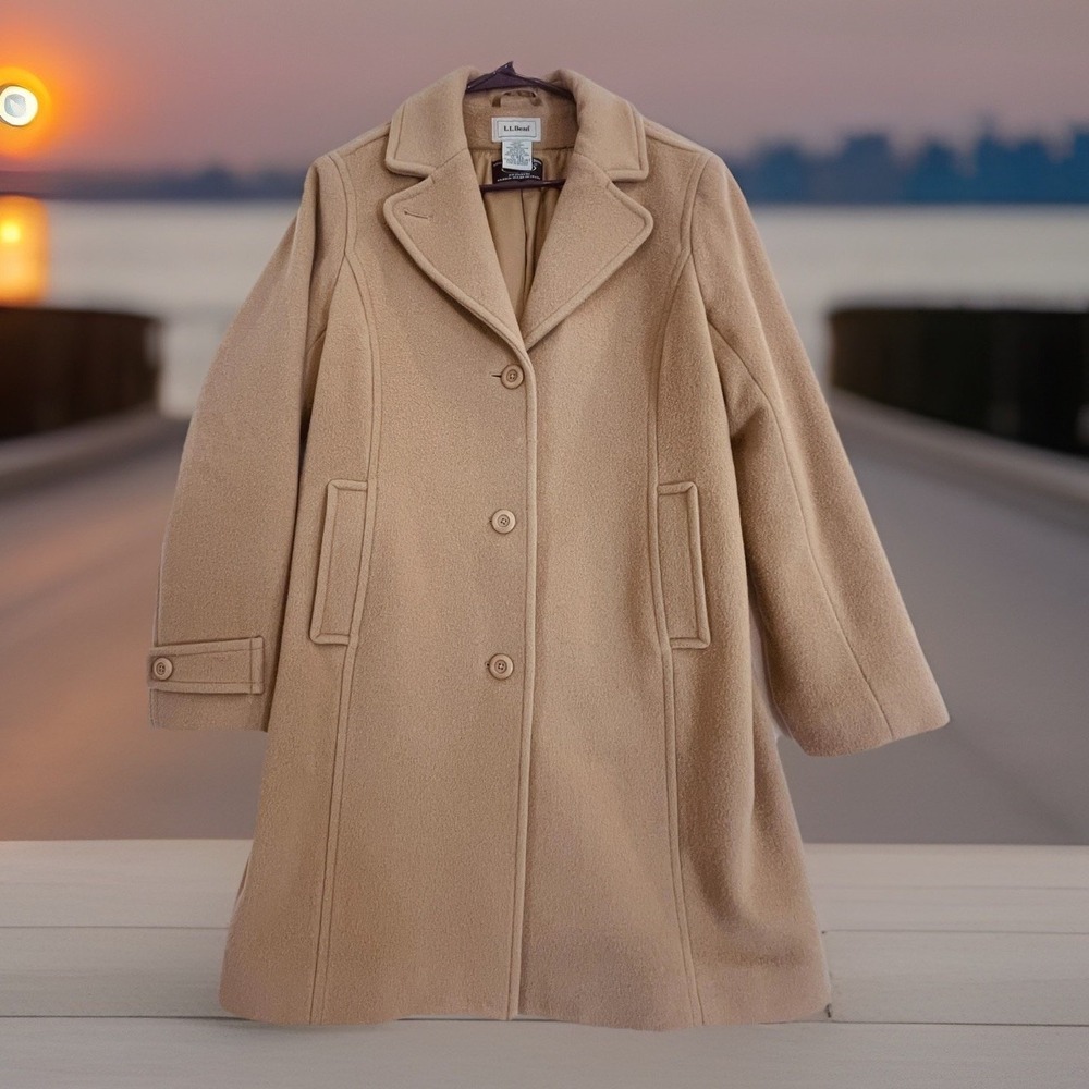 L.L. Bean Wool Coat Womens 12 Beige Classic Single Breasted Overcoat‎ Thinsulate